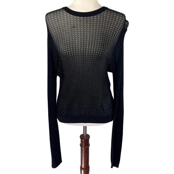 Free People Black Sheer Knit Long Sleeve Top‎ Lightweight Layering Size L - Picture 2 of 10